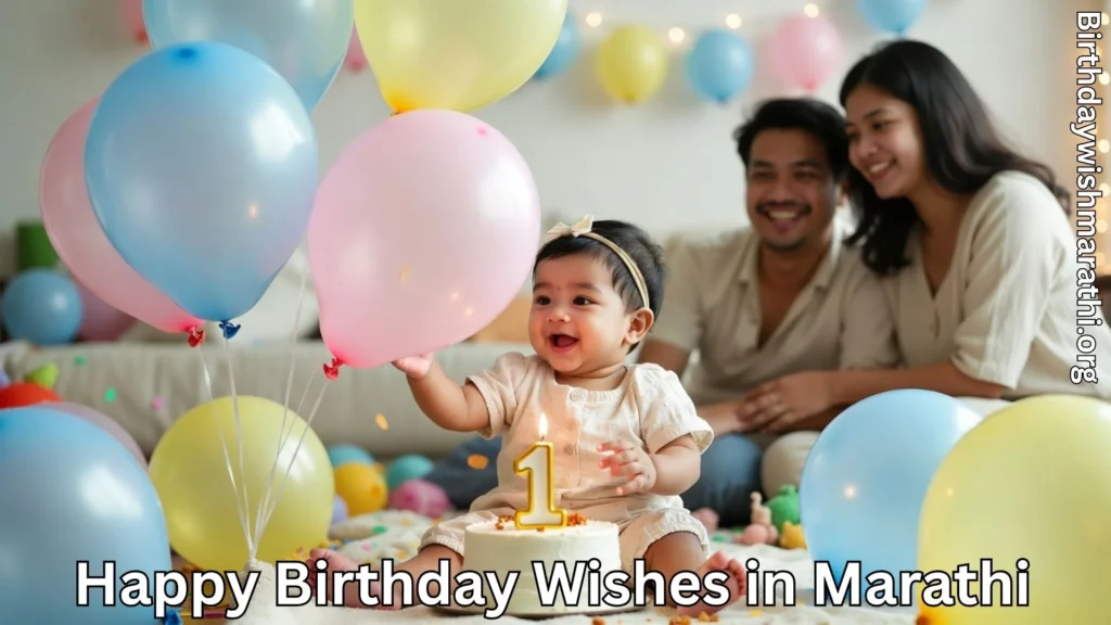Baby first birthday celebration with balloons and cake