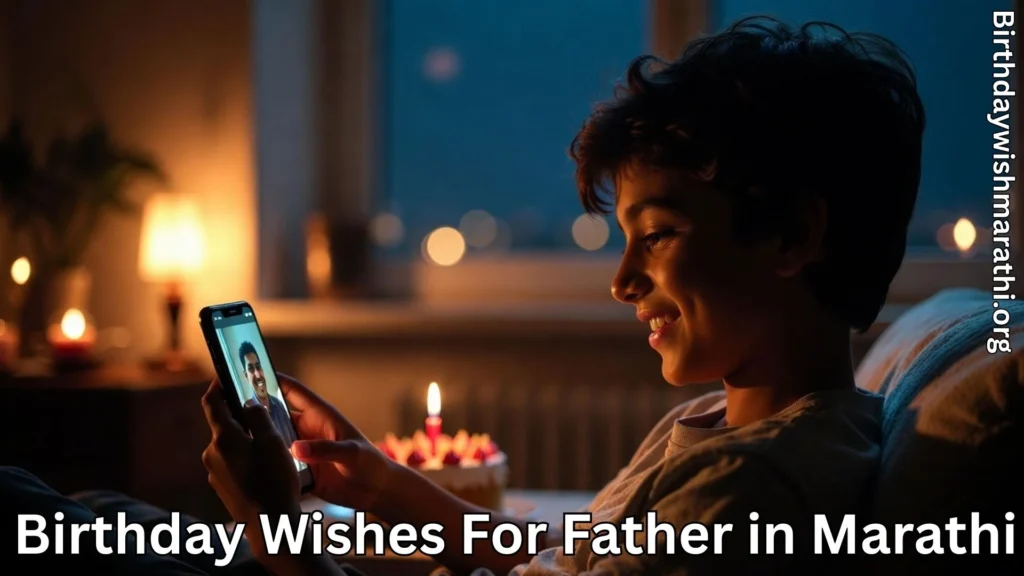 Boy video calling father on birthday with cake at home