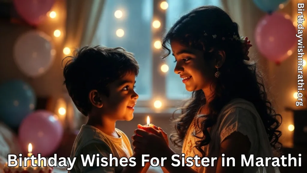 Brother and sister holding candle and birthday wishes for sister in marathi text