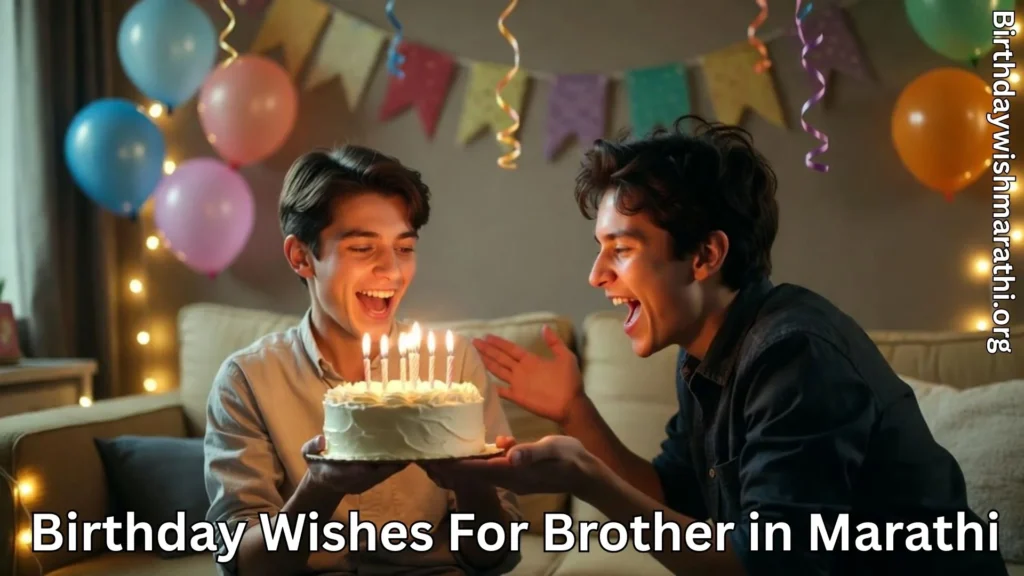 Brothers celebrating birthday with cake and balloons at home