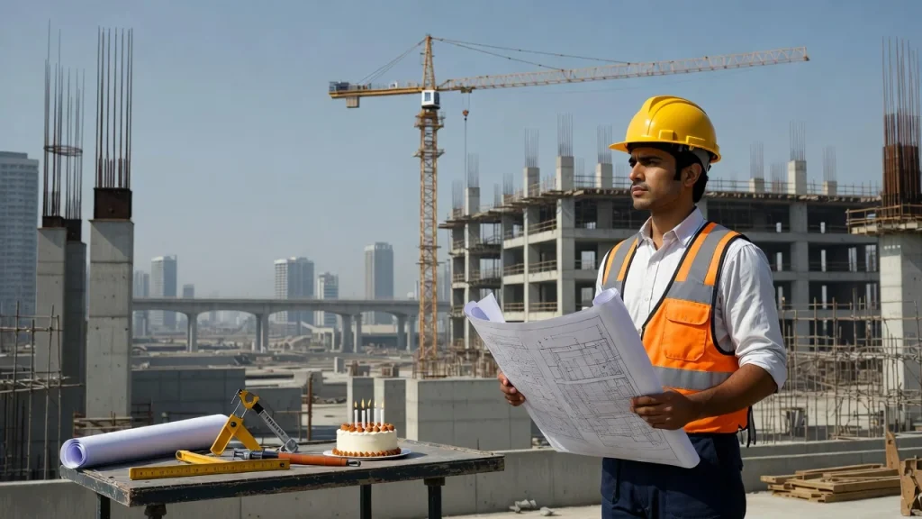 Construction engineer holding blueprint at building site