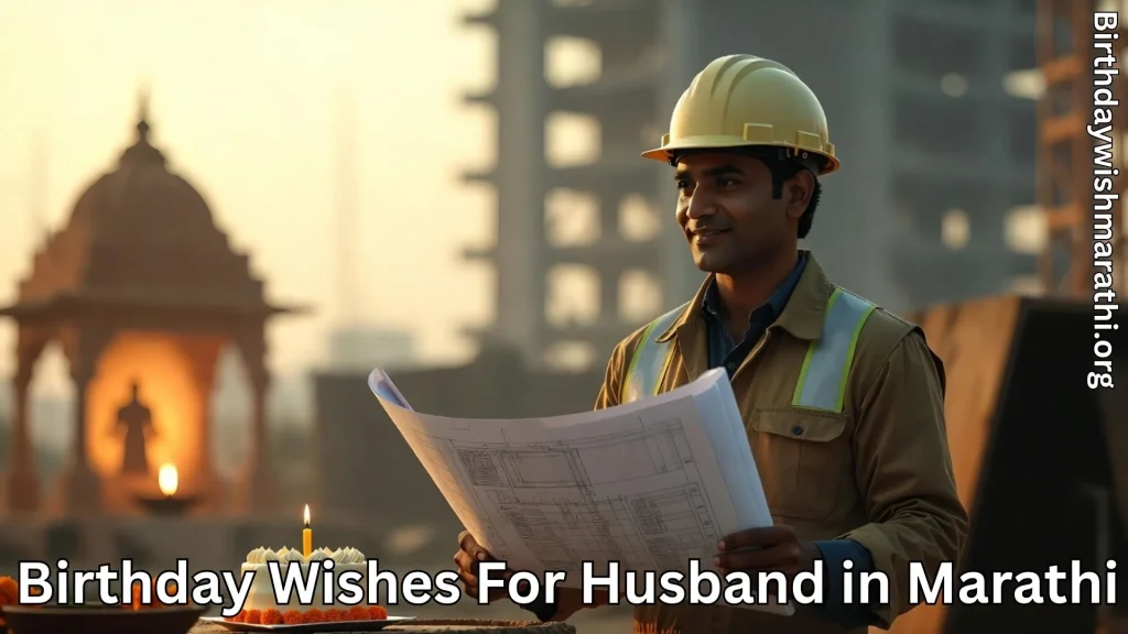 Engineer holding blueprint and birthday wishes for husband in marathi text