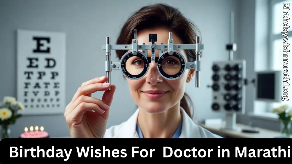 Eye doctor checking vision and birthday wishes for doctor in marathi text