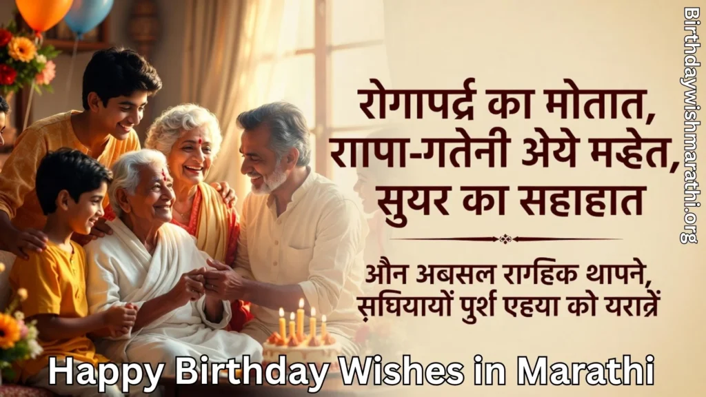 Family celebrating birthday and birthday wishes in Marathi text overlay