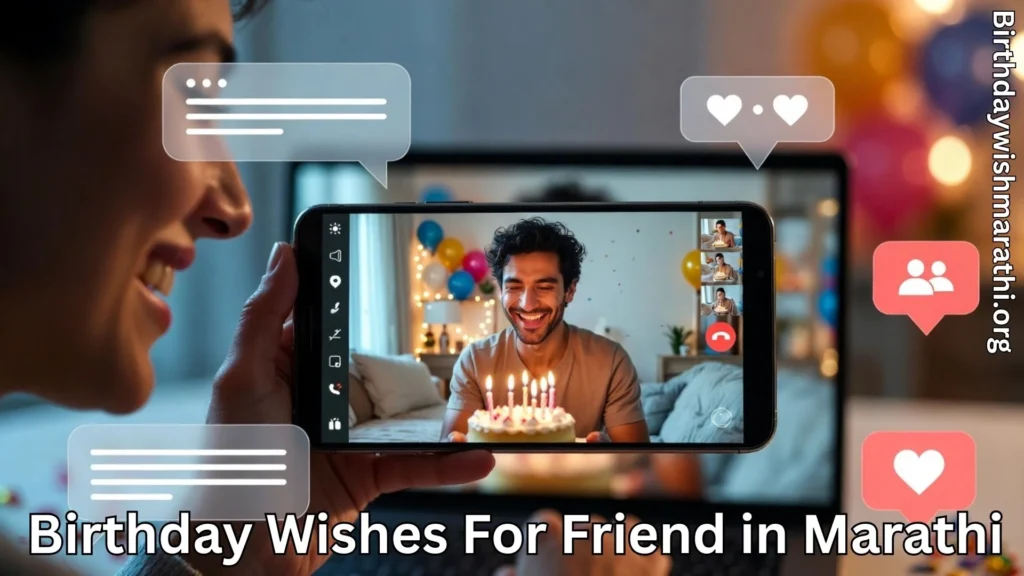 Friend celebrating birthday on video call and birthday wishes for friend in marathi text
