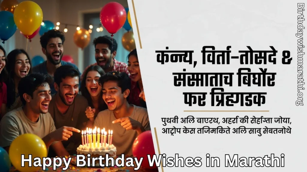 Friends celebrating birthday with cake and Marathi wishes graphic