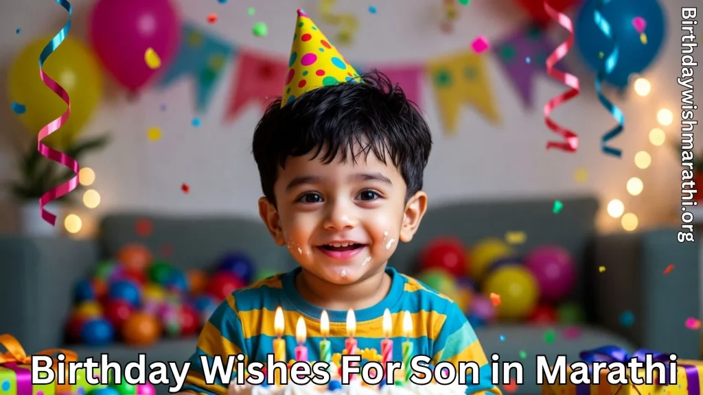 Happy kid wearing party hat with birthday cake