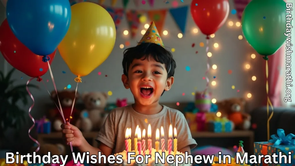 Happy nephew celebrating birthday with cake and balloons