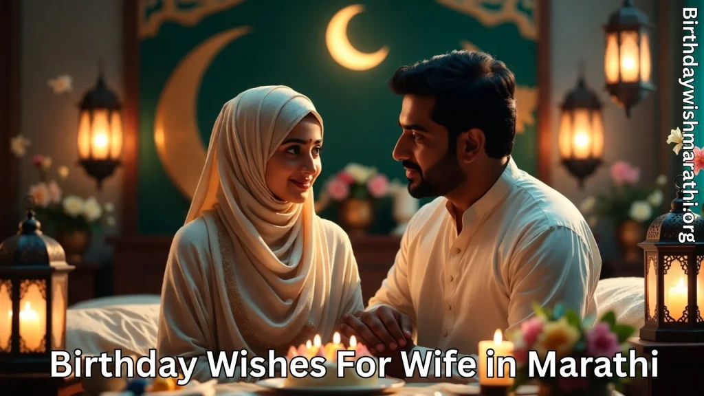 Husband and wife celebrating birthday and birthday wishes for wife in marathi text