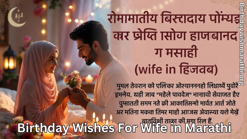 Husband giving flowers to wife and birthday wishes for wife in marathi text