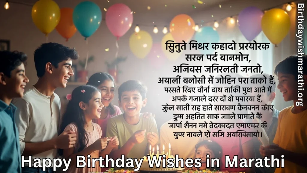 Kids birthday party with balloons and birthday wishes in Marathi text