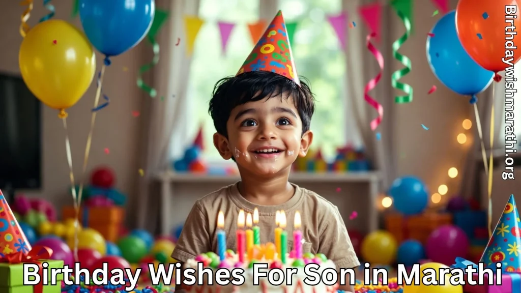 Little boy celebrating birthday with cake and balloons