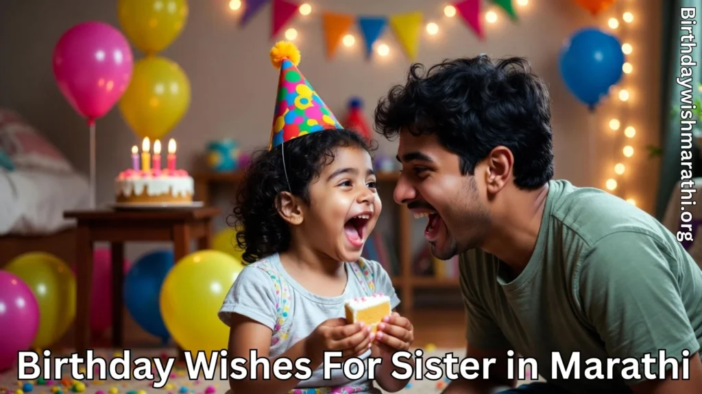 Little girl celebrating birthday and birthday wishes for sister in marathi text