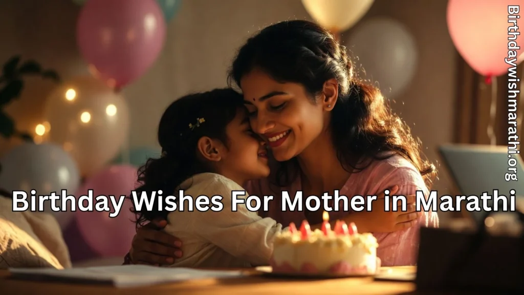 Little girl hugging mother and birthday wishes for mother in marathi text