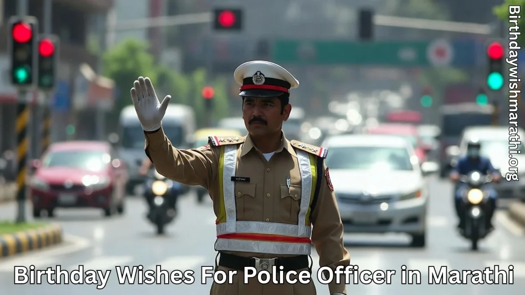Man controlling vehicles at city signal and birthday wishes for police officer in marathi text
