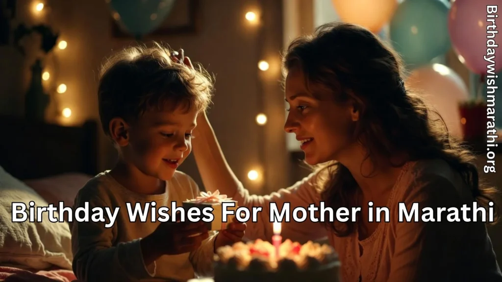 Son giving gift to mother and birthday wishes for mother in marathi text