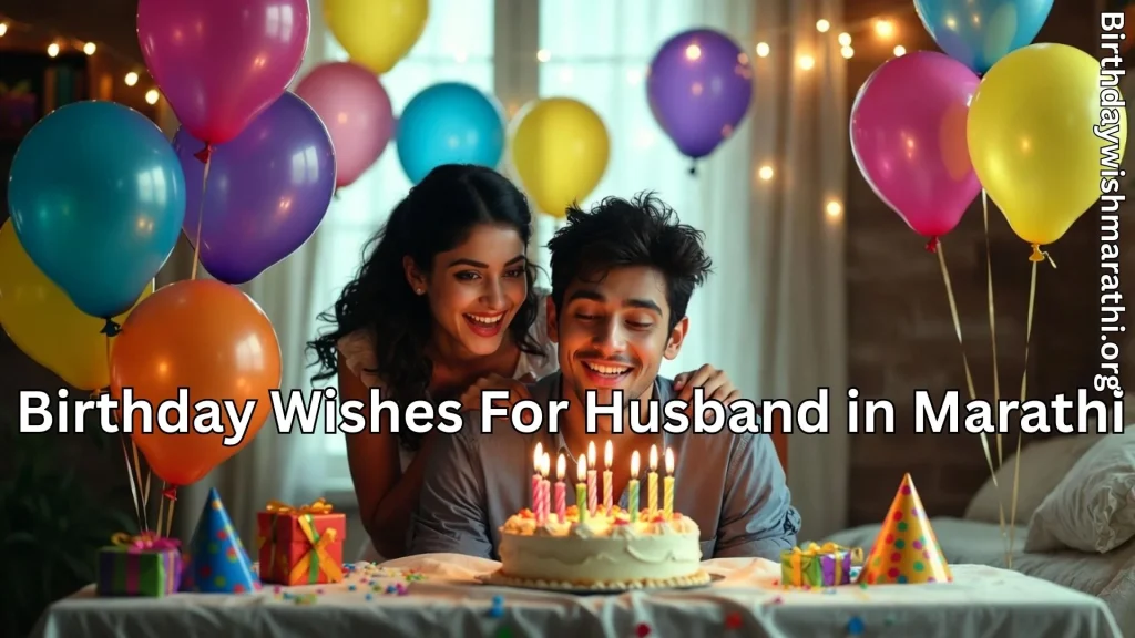 Wife surprising husband with birthday cake and balloons