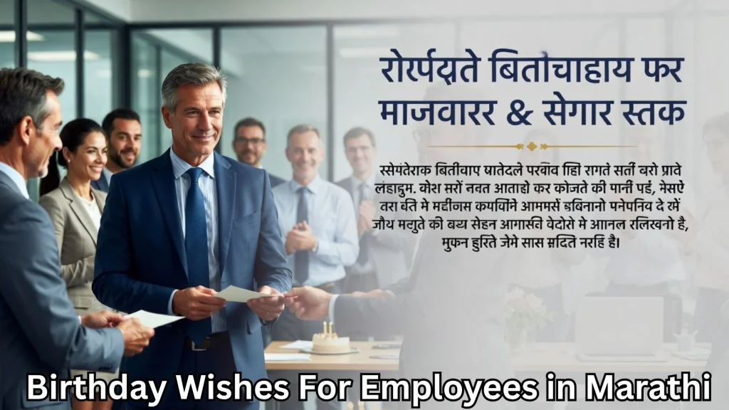 Boss handing birthday card to employee and birthday wishes for employees in marathi text
