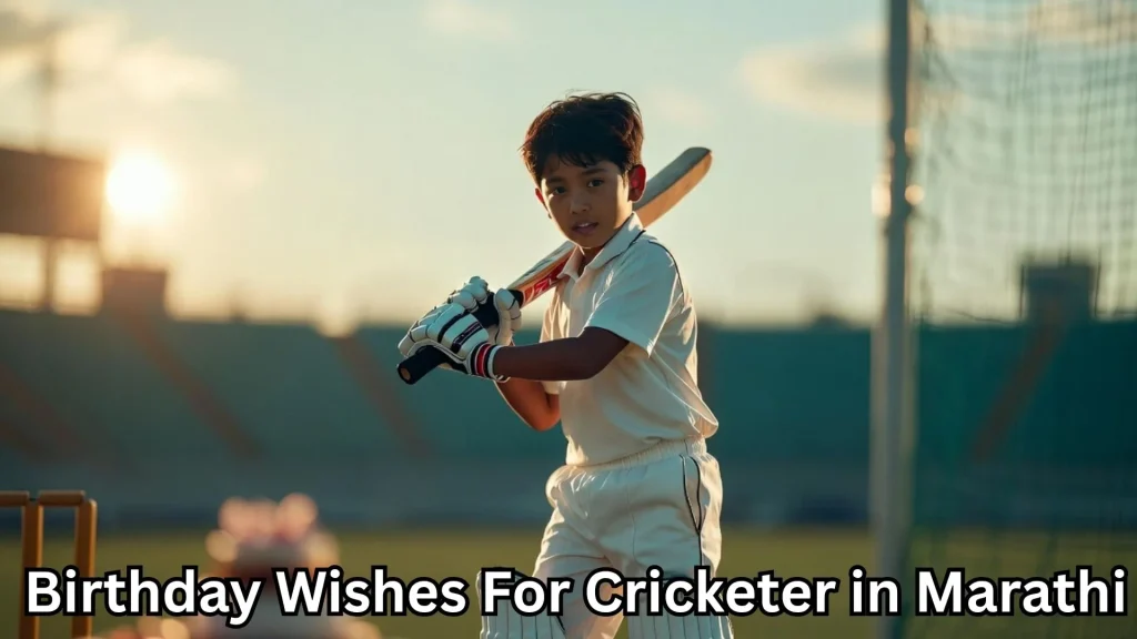 Boy batting on field at sunset and birthday wishes for cricketer in marathi text