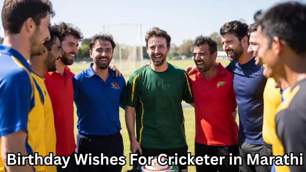 Cricket team celebrating birthday and birthday wishes for cricketer in marathi text