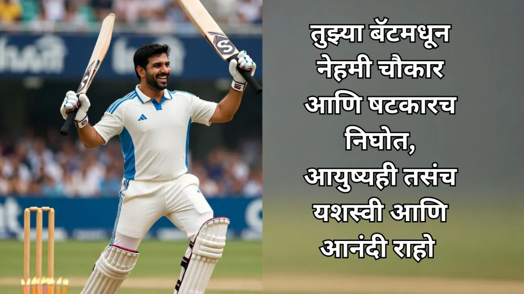 Cricketer celebrating century with bats raised in stadium