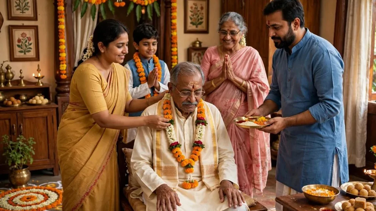80th birthday wishes in marathi - family honoring an elderly grandfather with a garland and aarti on his birthday