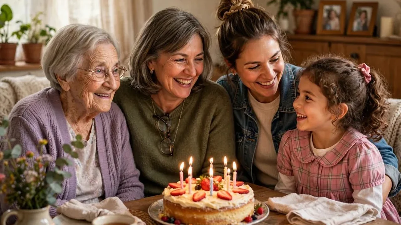 Grandmother celebrating her birthday with her daughter and granddaughter around a cake