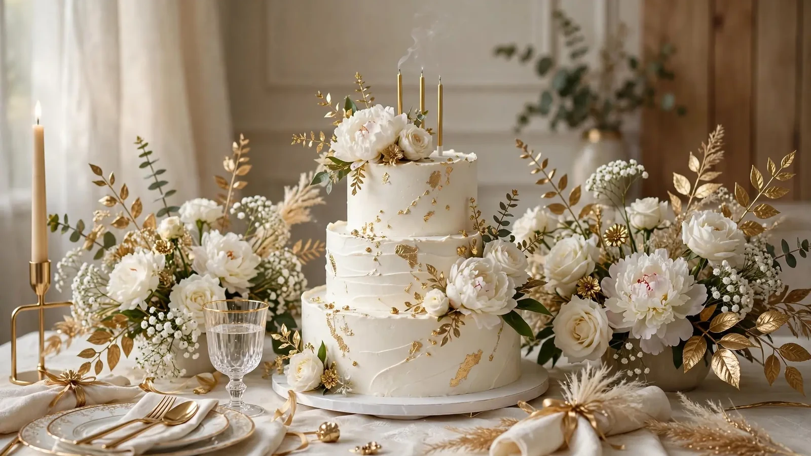 Elegant white tiered birthday cake with flowers on a decorated celebration table