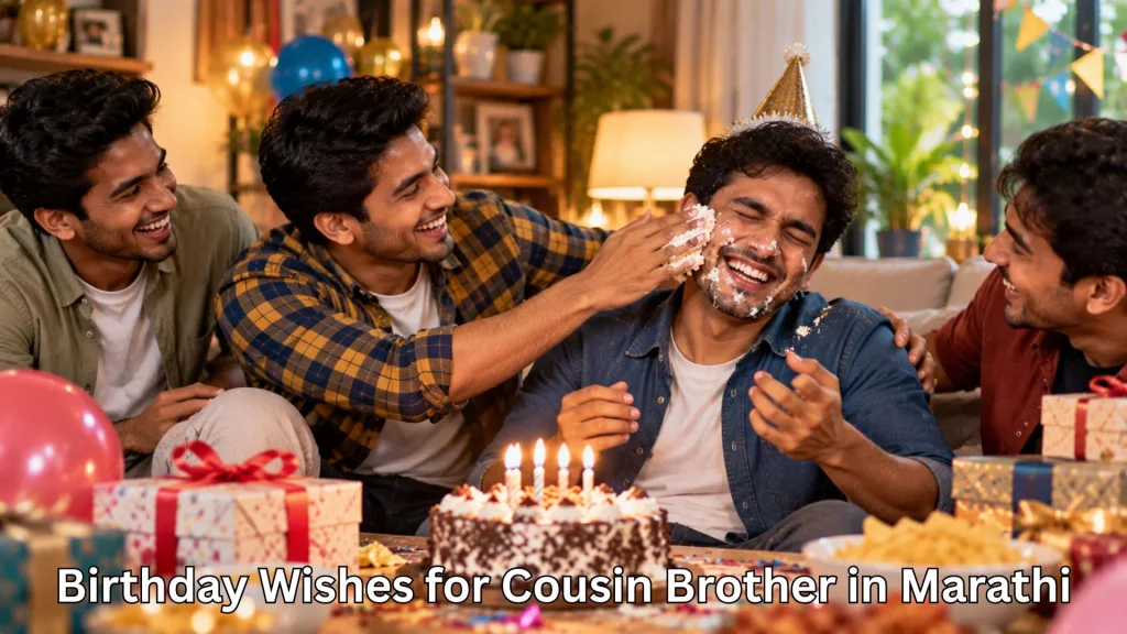 Brother enjoying birthday with birthday wishes for cousin brother in marathi text