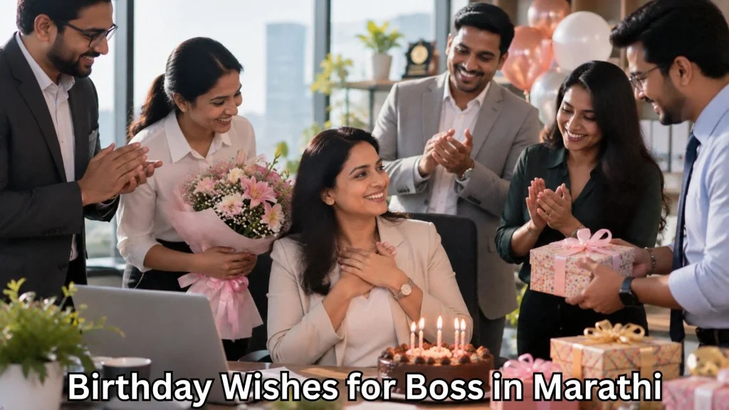 Colleagues celebrating a birthday and birthday wishes for boss in marathi text