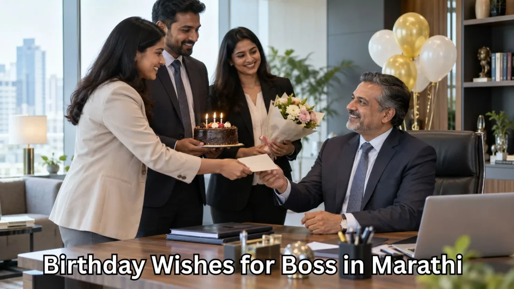 Employees presenting a birthday cake and card to their male boss