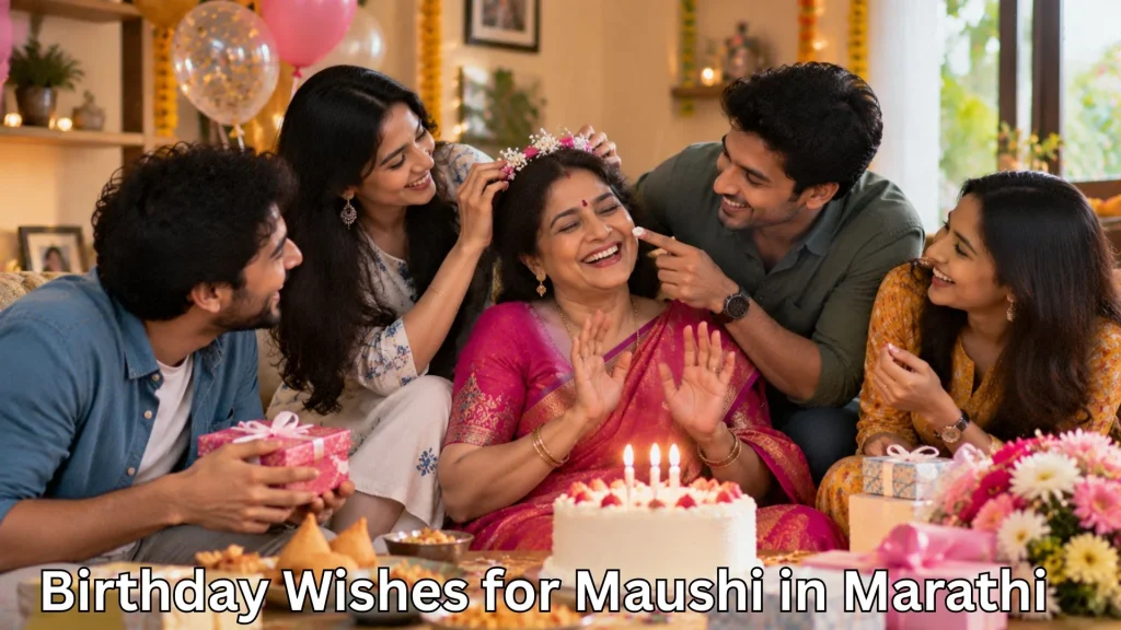 Family celebrating Maushi's birthday with cake and gifts