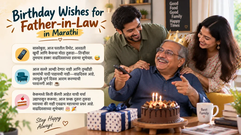 Family celebrating a birthday and birthday wishes for father-in-law in marathi text