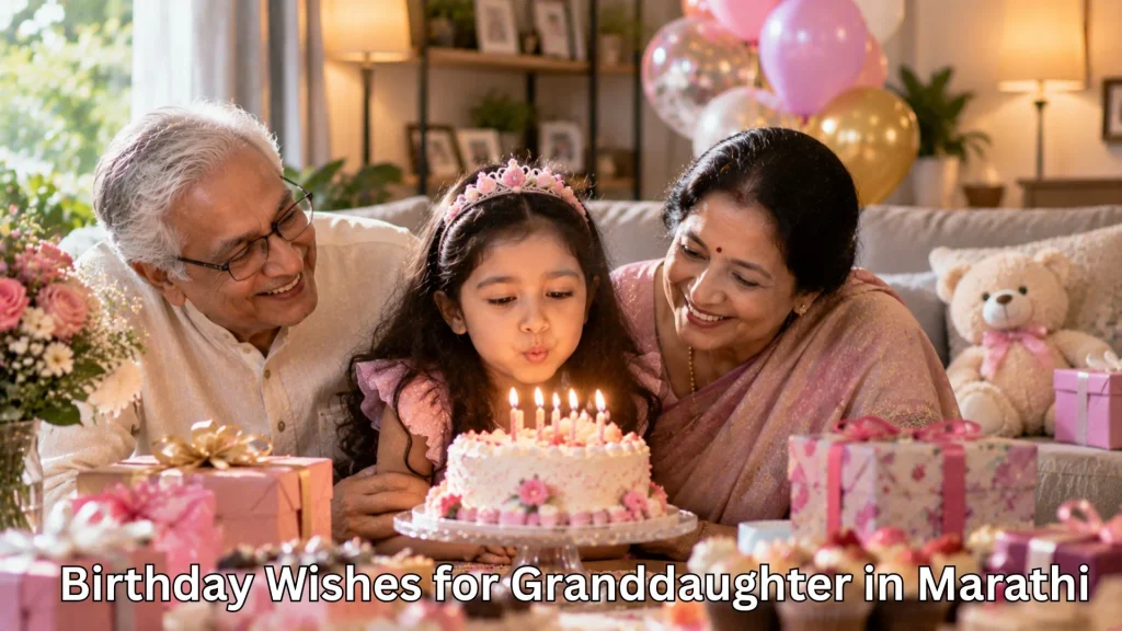Family celebrating their granddaughter’s birthday with cake and gifts