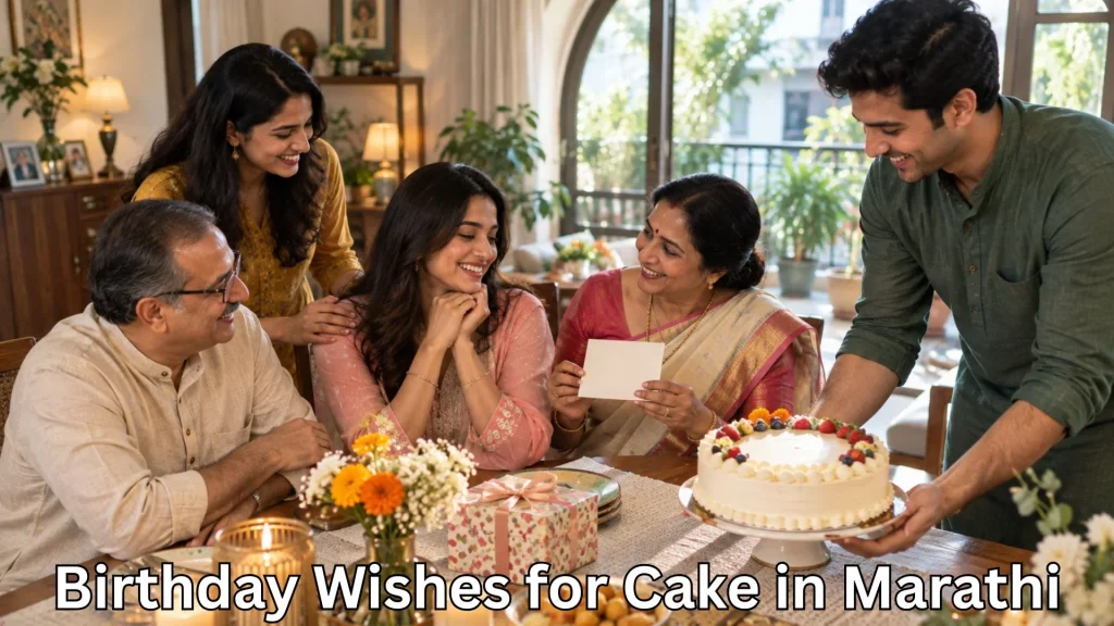 Family presenting a birthday cake and birthday wishes for cake in marathi text
