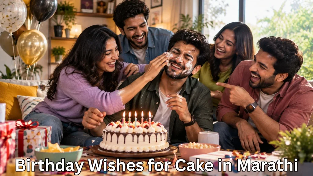 Friends celebrating a birthday with cake and a party