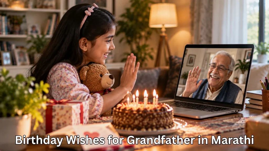 Girl celebrating grandfather’s birthday through a video call