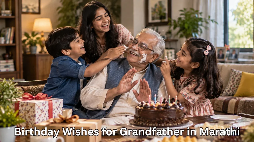 Grandfather celebrating his birthday and birthday wishes for grandfather in marathi text