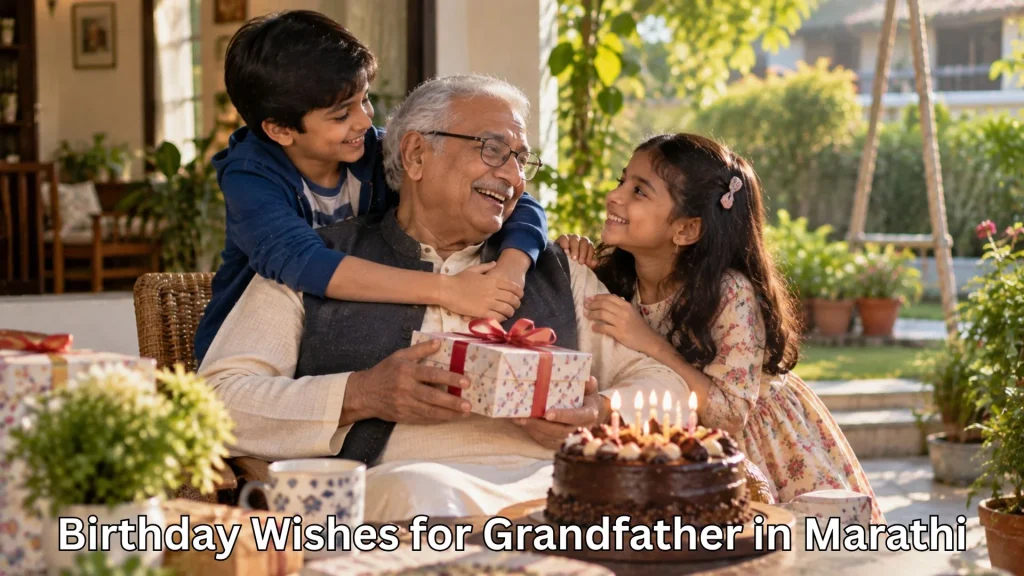 Grandfather celebrating his birthday with grandchildren and cake