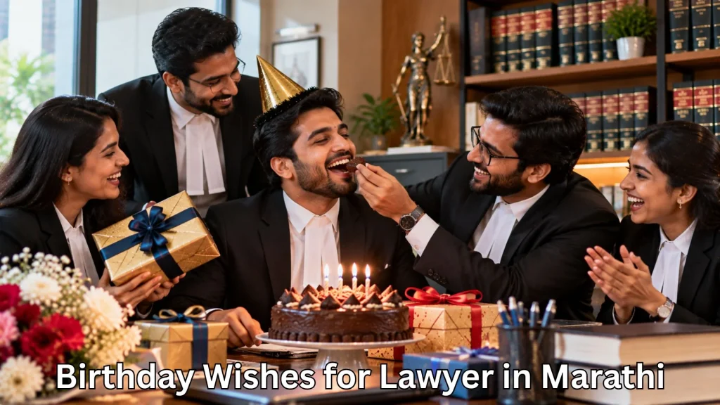 Lawyers celebrating a colleague's birthday and birthday wishes for lawyer in marathi text