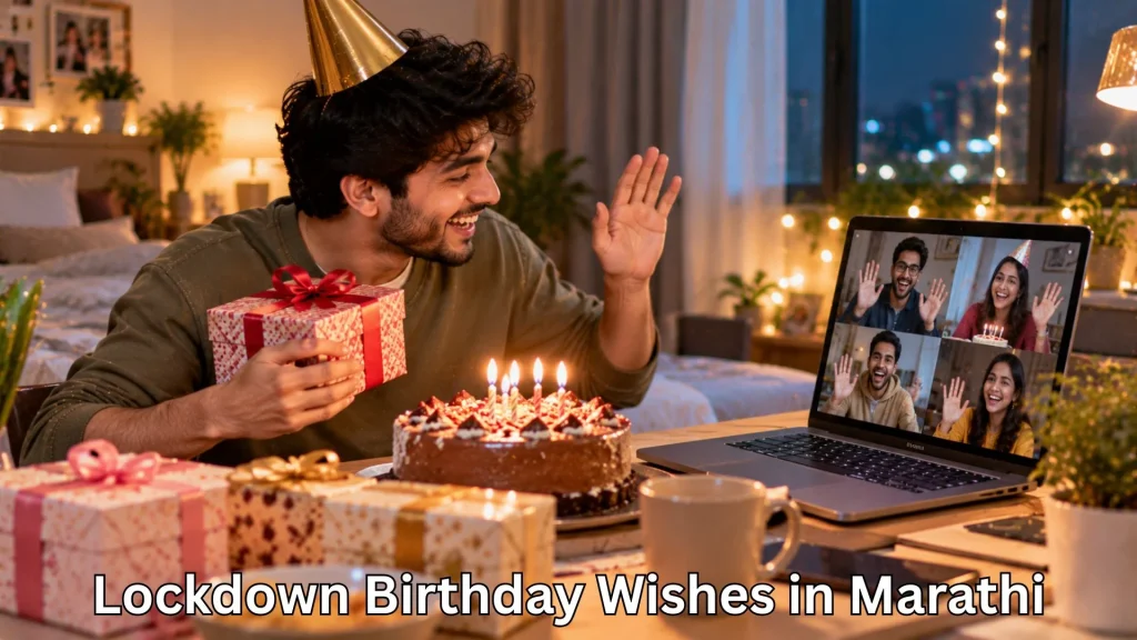 Man celebrating lockdown birthday with friends on video call