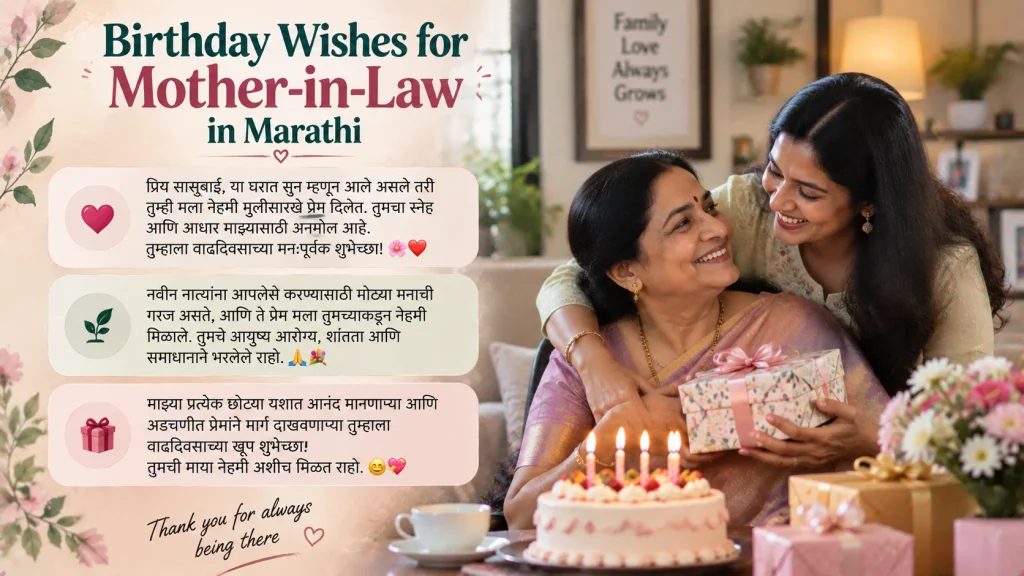 Mother celebrating her birthday and birthday wishes for mother-in-law in marathi text