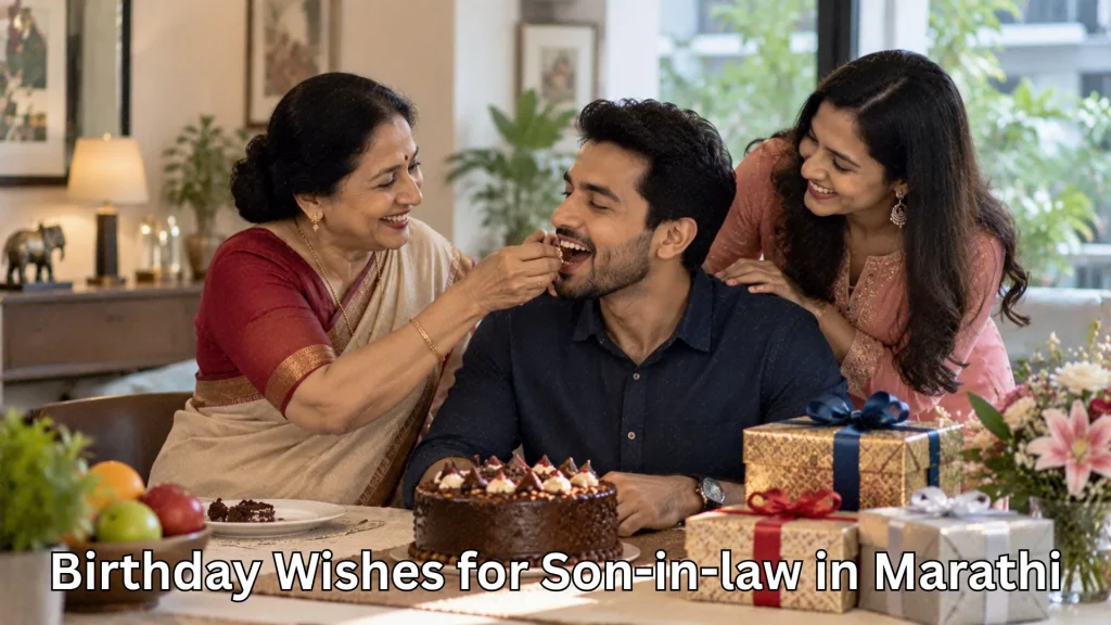 Mother feeding cake to son and birthday wishes for son-in-law in marathi text