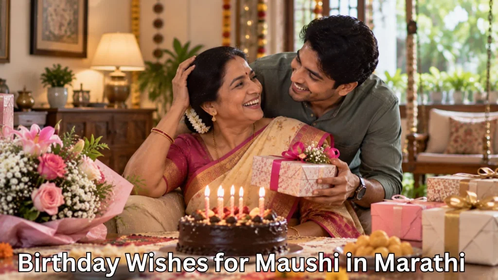 Son giving Maushi a gift and birthday wishes for maushi in marathi text