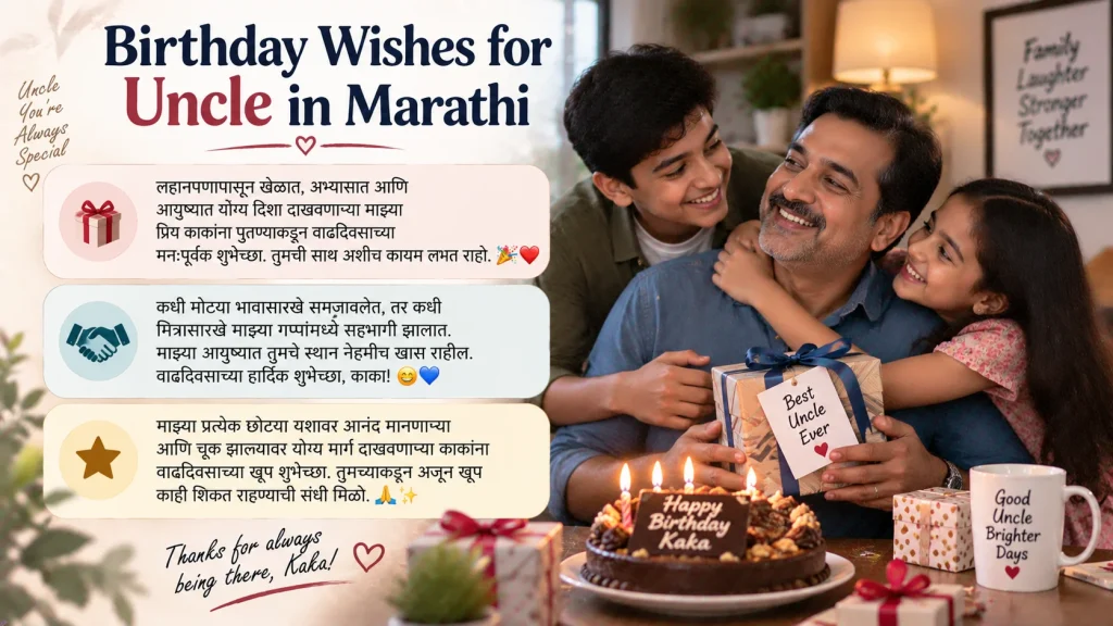 Uncle celebrating his birthday and birthday wishes for uncle in marathi text