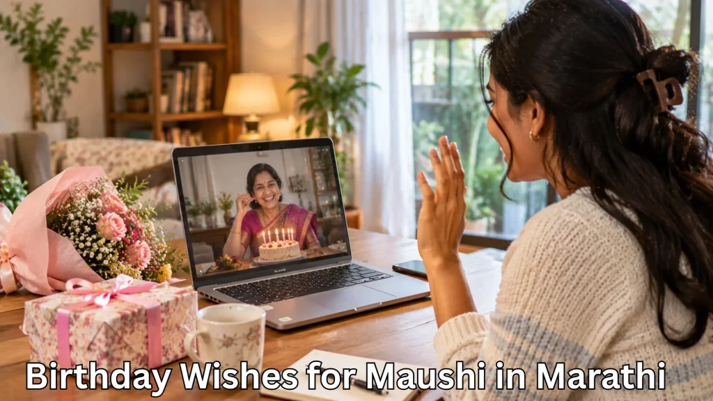 Woman celebrating Maushi's birthday on a video call