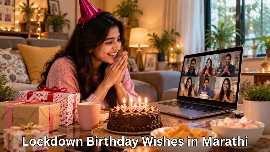 Woman celebrating a birthday and lockdown birthday wishes in marathi text