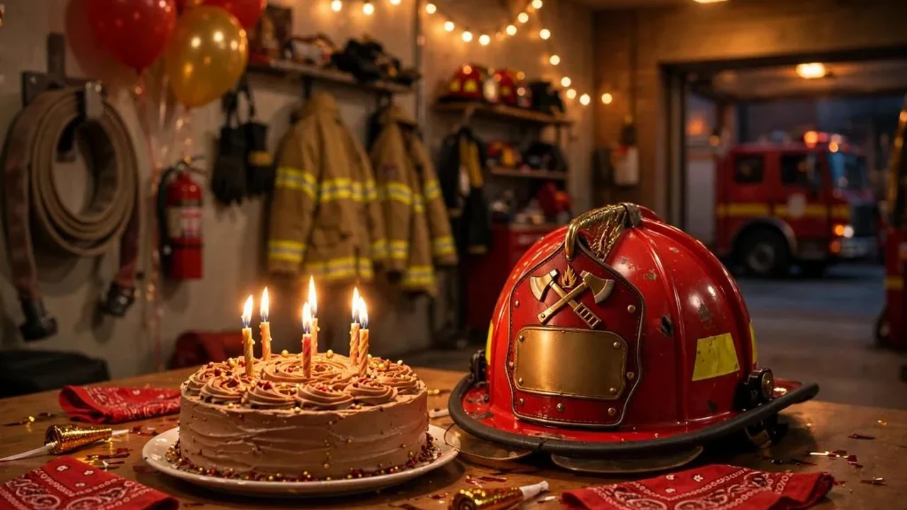 birthday wishes for firefighter in marathi - birthday cake with candles beside a firefighter helmet at a fire station