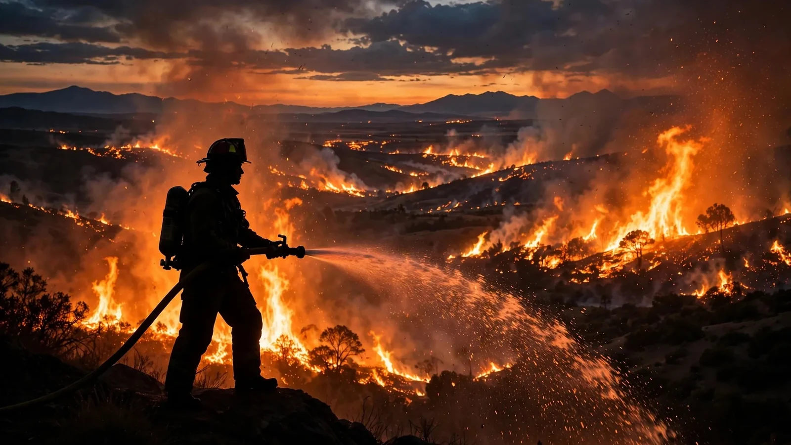 Silhouette of a firefighter battling a wildfire on a hillside at night