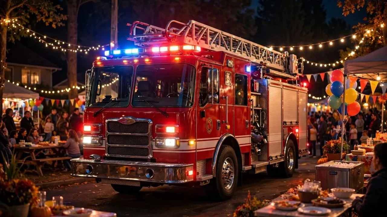 Fire engine with flashing lights at an outdoor evening birthday celebration